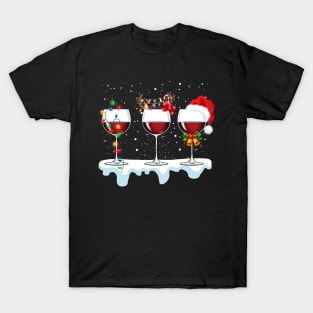 Wine glass wearing santa hat reindeer horn Lights christmas gift for wine lover T-Shirt